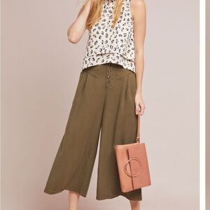 Olive green wide leg swing pants from Anthropologie